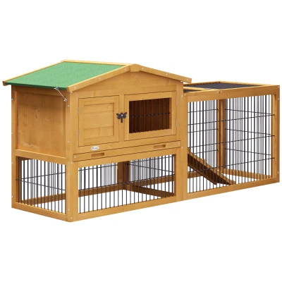 PawHut Wood Rabbit Hutch w/ Ramp, Openable Roof, Pull-out Tray, Yellow