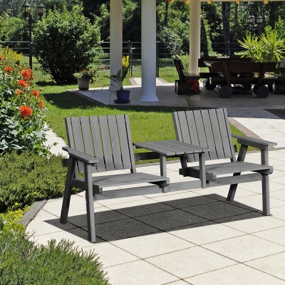 Outsunny 2-Seater Outdoor Bench with Middle Table, Wooden Garden Bench with Parasol Hole, Patio Loveseat for Yard, Porch, Grey