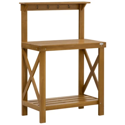 Outsunny 2-Level Outdoor Potting Bench, Wooden Potting Table with Storage Shelf and Top Hooks for Greenhouse, Garden, Patio