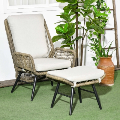 Outsunny 2 PCs PE Rattan Leisure Chair Set, Outdoor Reclining Patio Chair and Footrest w/ Adjustable Backrest & Cushion, Khaki