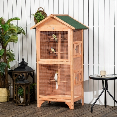 PawHut Wooden Bird Aviary Parrot Cage Pet Furniture with Removable Bottom Tray, 2 Doors, Asphalt Roof, 4 Perches, Orange