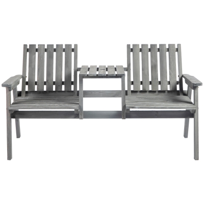 Outsunny 2-Seater Outdoor Bench with Middle Table, Wooden Garden Bench with Parasol Hole, Patio Loveseat for Yard, Porch, Grey