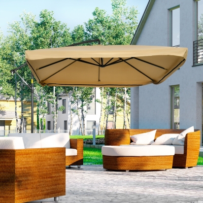 Outsunny Offset Patio Umbrella with Net and Umbrella Base, Adjustable Cantilever Canopy with Cross Base, Weight Plates and 8 Ribs for Backyard, Poolside, Garden, Beige