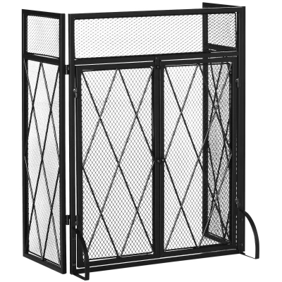 HOMCOM 3-Panel Fireplace Screen with Double Doors,  47.25" x 31"Steel Mesh Fire Spark Guard Cover for Living Room Indoor Decor, Black