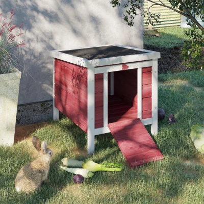 PawHut Small Wooden Rabbit Hutch, Waterproof Roof, Red