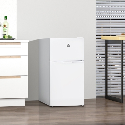 HOMCOM 3.2 Cu Ft Compact Refrigerator, Mini Fridge with Freezer, Adjustable Shelves and Reversible Doors for Bedroom, White