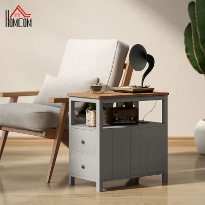 HOMCOM Narrow Side Table with Charging Station, Drawers & Shelf, Gray
