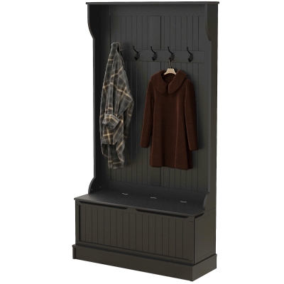 HOMCOM 3-In-1 Hall Tree w/ Coat Rack, Shoe Storage and Bench Seat, Entryway Bench w/ 4 Hooks for Hallway, Living Room, Black