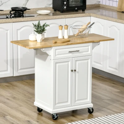 HOMCOM Kitchen Island Cart with Drop Leaf, White & Wood Top