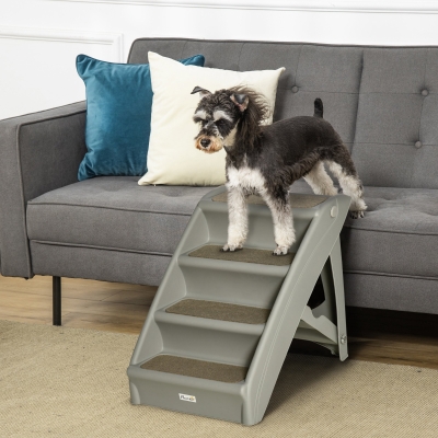 PawHut 4-Level Portable Dog Stairs, Foldable Dog Steps for Small Dogs, Lightweight Cat Steps, with Nonslip Soft Mats, for High Bed, Sofa, Grey