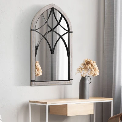 HOMCOM 36.5" Arch Window Wall Mirror, Rustic Wood Grain Decor