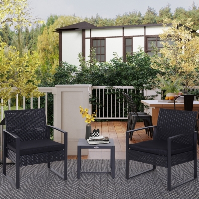 Outsunny 3 Pieces Wicker Patio Furniture Set, Rattan Bistro Set with Glass Top Coffee Table and Cushions, Outdoor Conversation Set for Garden, Porch, Balcony, Black
