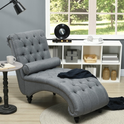HOMCOM Button Tufted Chaise Lounge Chair Indoor Upholstered Lounge Chair with Bolster Pillow Wood Legs Nailhead Trim for Living Room Bedroom Home Office Grey