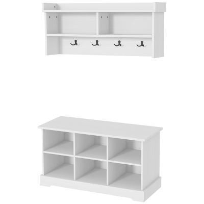 HOMCOM Coat Rack Shoe Bench Set, Entryway Shoe Bench with 8 Storage Cubbies, 4 Hooks for Hallway, Living Room, Bedroom, White