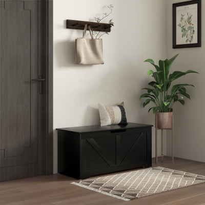 HOMCOM 39.4 Inches Storage Chest, Storage Trunk with 2 Safety Hinges, Wooden Box for Living Room, Black Wood Grain