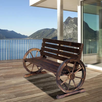 Outsunny 41" Wooden Wagon Wheel Bench, Rustic 2-Person Patio