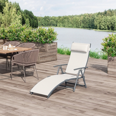 Outsunny Heavy-duty Adjustable Folding Reclining Chair Outdoor Sun Lounger Patio Chaise Lounge Garden Beach Gravity Lounge with Pillow, 7 Adjustable Backrest Positions, Cream