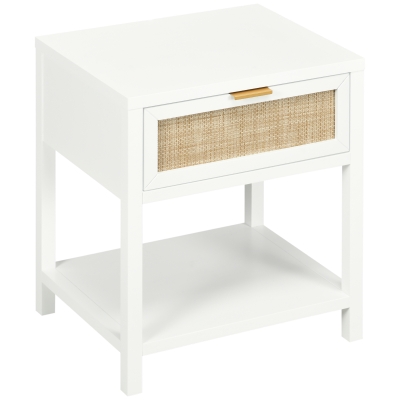 HOMCOM Boho Nightstand, Bedside Table with Rattan Drawer and Open Shelf, Side End Table for Bedroom, Living Room