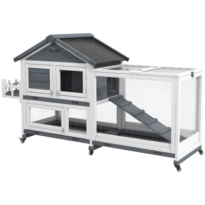 PawHut 65" Wooden Rabbit Hutch, Gray with Storage Box