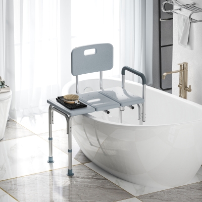 HOMCOM 6-Level Adjustable Bath and Shower Transfer Bench Aluminum Chair with Non-Slip Feet, Armrest & Backrest Grey
