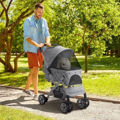 PawHut 4 Wheels Pet Stroller w/ Reversible Handle, Foldable Dog Cat Travel Carriage w/ EVA Wheels Basket Storage Bag 3-stage Canopy Grey