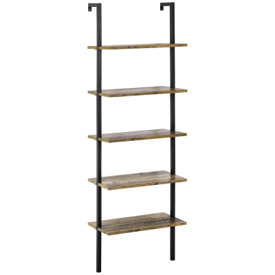 HOMCOM 5-Tier Wall Mounted Ladder Bookshelf, Brown