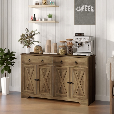 HOMCOM Sideboard Cabinet with 2 Drawers, 4 Barn Doors and 2 Adjustable Shelves, Buffet Table for Living Room, Light Brown