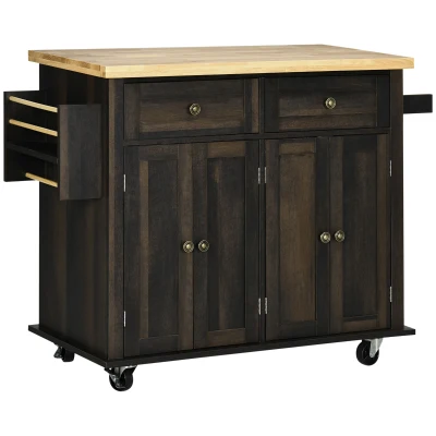 HOMCOM Kitchen Island with Storage, Rolling Trolley Cart with Rubber Wood Top, Spice Rack, Towel Rack, Brown Oak