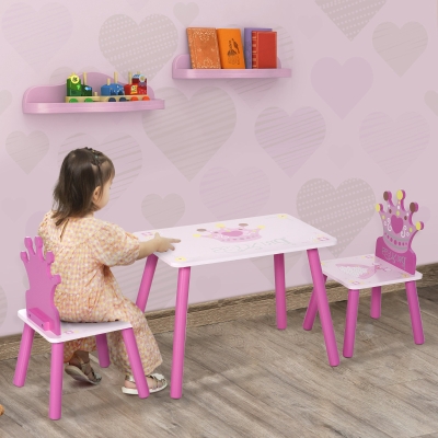 Qaba 3-Piece Set Kids Wooden Table Chair with Crown Pattern Easy to Clean Gift for Girls Toddlers Age 2-4 Years Old Pink