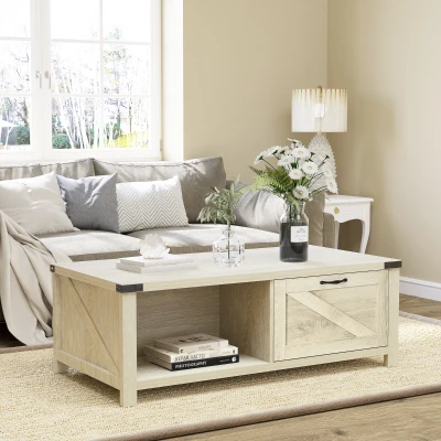 HOMCOM Farmhouse Coffee Table with Drawer & Storage, Pale Oak
