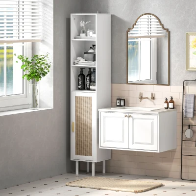 HOMCOM Tall Bathroom Cabinet with Rattan Doors & Adjustable Shelves, White