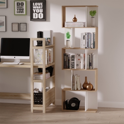 HOMCOM 5-Tier Geometric Bookcase Display Shelf Storage Shelf Modern Room Divider Living Room Home Office Furniture, White