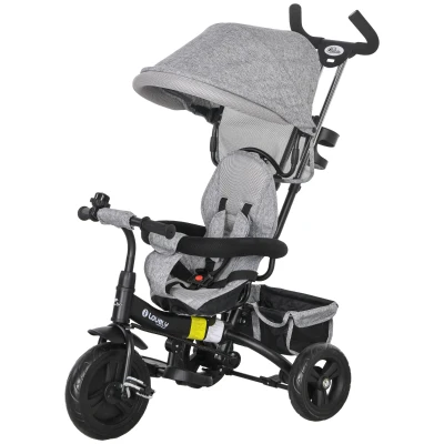 Qaba 6 in 1 Toddler Tricycle Stroller with Basket, Canopy, 5-point Safety Harness, for 12-60 Months, Grey