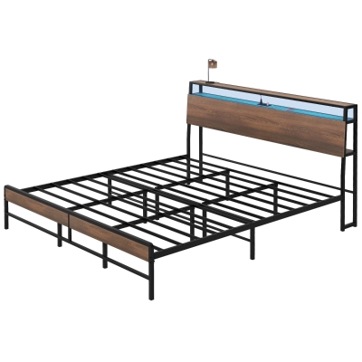 HOMCOM King Size Bed Frame with LED Lights & Storage, Walnut