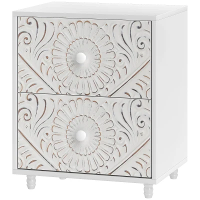 HOMCOM Mid-Century Bedside Table, Nightstand with 2 Drawers, Side End Table for Bedroom, White