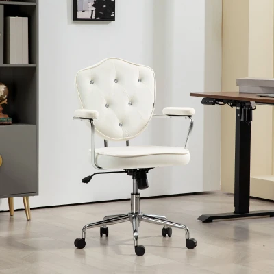 HOMCOM Tufted Velvet Swivel Office Chair, Cream White