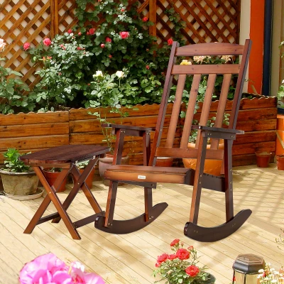 Outsunny 2-Piece Wood Patio Bistro Set, Rocking Chairs & Table, Brown