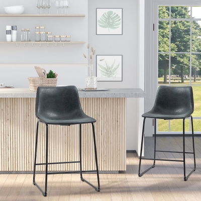 HOMCOM Counter Height Bar Stools Set of 2, Vintage PU Leather Bar Chairs, Kitchen Stool with Footrest, Black