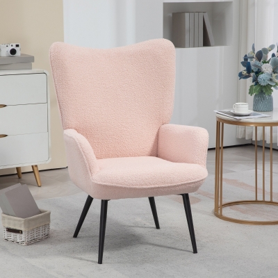 HOMCOM Accent Sherpa Chair, Upholstered Armchair, Fluffy Wingback Chair for Living Room, Reading Room, Pink