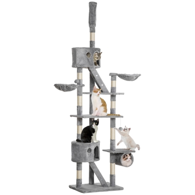 PawHut 94"-102" Huge Cat Tree Ceiling High Cat Condo Scratching Post Activity Center Multi-Level Play House Light Grey