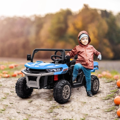 Aosom 12V Ride on Car with Electric Bucket, Two-Seater, Shovel, Remote Control, Spring Suspension, Horn, Music, Blue