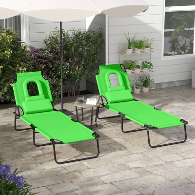 Outsunny 2PCS Adjustable Outdoor Lounge Chair, Garden Folding Chaise Lounge with Face Hole Reclining Tanning Chair Seat, Folding Camping Beach Lounging Bed w/ Head Support Green