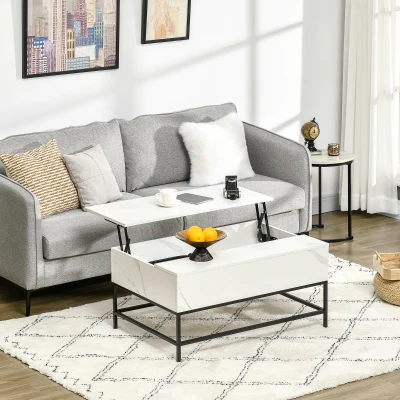 HOMCOM Modern Lift Top Coffee Table with Storage, Metal Legs, White