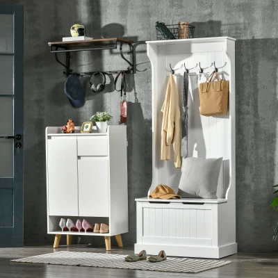 HOMCOM Hall Tree with Coat Rack & Storage Bench, White