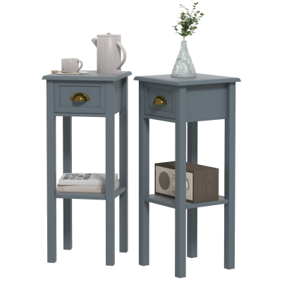 HOMCOM 2-Tier Side Tables Set with Drawer & Shelf, Gray