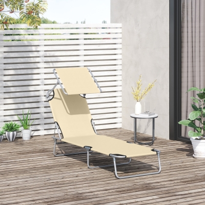 Outsunny Outdoor Lounge Chair with Sun Shade for Beach, Camping, Hiking, Backyard, Beige