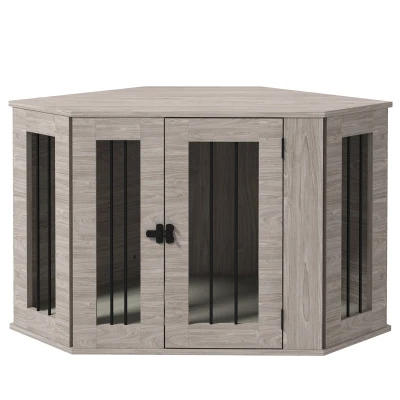 PawHut Dog Crate Furniture with Cushion, 41 Inch Corner Design Dog Crate End Table for Medium Dogs, Walnut Brown