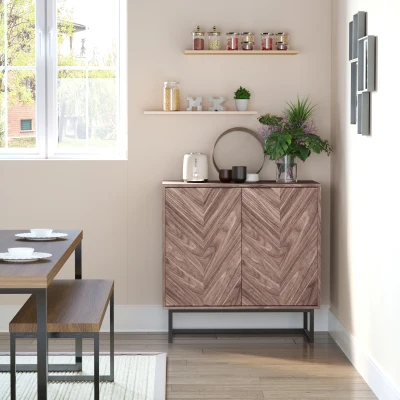 HOMCOM Chevron Sideboard Buffet Cabinet, Walnut, Adjustable Shelf