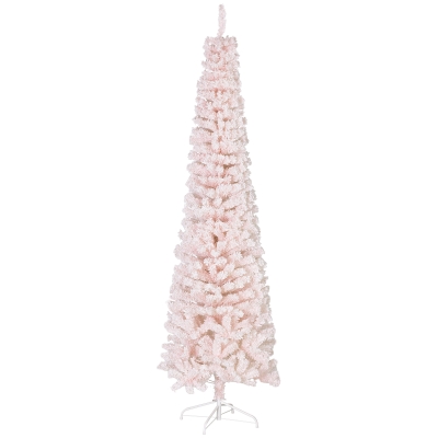 HOMCOM 7.5ft Flocked Christmas Tree, Pencil Christmas Tree with Realistic Branch Tips, Folding Metal Stand, Pink