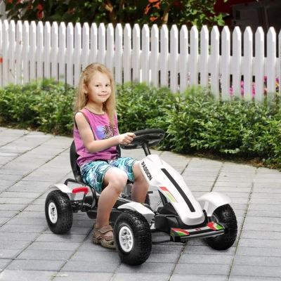 Aosom Kids Go Kart, Adjustable Seat, Rubber Wheels, White
